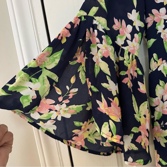 Umgee Navy Floral Boho Bell Sleeve Dress Large - Picture 6 of 11